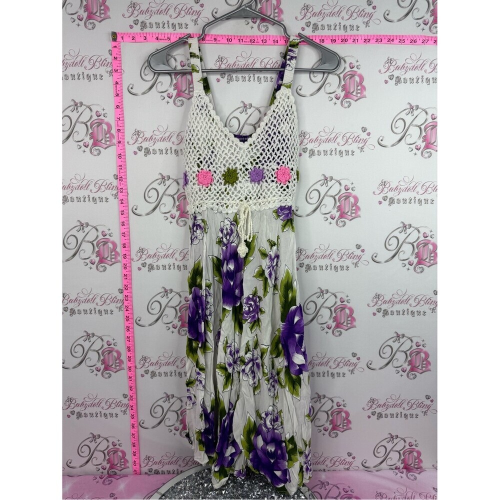 Dress floral White Crochet Bodice Floral Maxi Dress Hawaii Purple Flowers